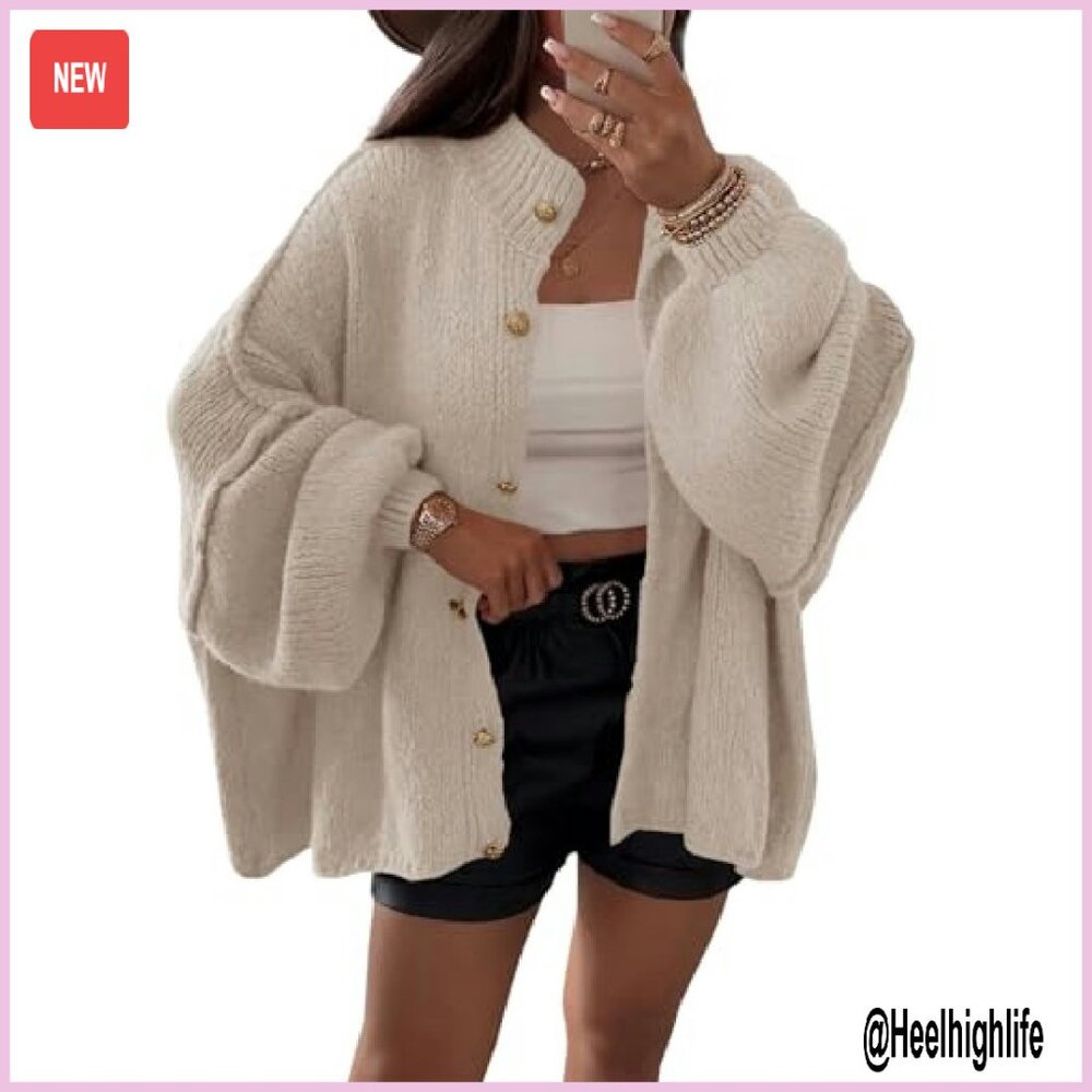 Oversized Chunky Knit Cardigan Long Lantern Sleeve Button Down Fall Sweater